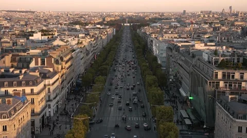Champs Elysees view from Triumphal Arch during sunset. Paris, France 4K Stock Footage 220562036