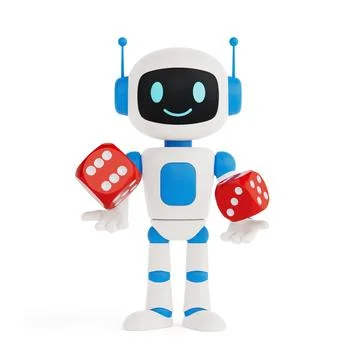 Chance And Decision Making Concept. Cute Friendly AI Robot Mascot Holding R.. Stock Illustration