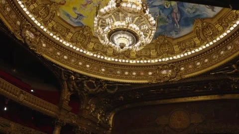 Chandelier Beneath Painted Ceiling at Palais Garnier, Paris France 15 Jul 2026 Stock Footage 344956805
