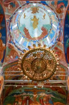 Chandelier under dome inside the Transfiguration Cathedral  of the Saviour Mo Stock Photos
