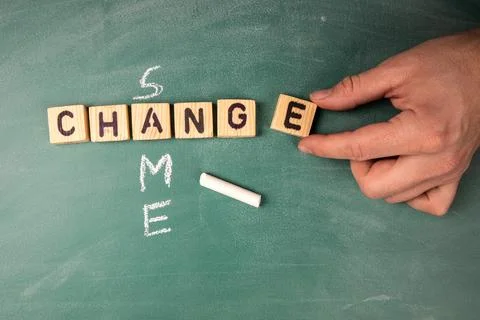 Change and Same concept. Text from letters of the wooden alphabet on a green Stock Photos
