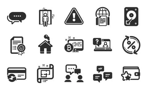 Change card, Elevator and Chat messages icons set. Dots message, Loyalty program Ilustración de archivo