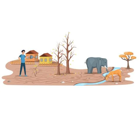 Change climate, problem of disappearing water sources, drought, ecological Stock Illustration
