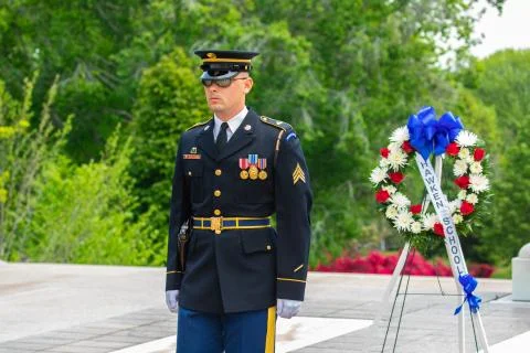 Change of the guard near the Unknown Soldier tomb at the Arlington cemetery. Stock Photos