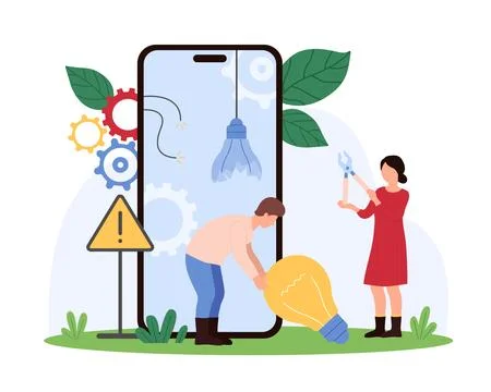 Change to new innovation, software evolution, tiny people replace broken light Stock Illustration