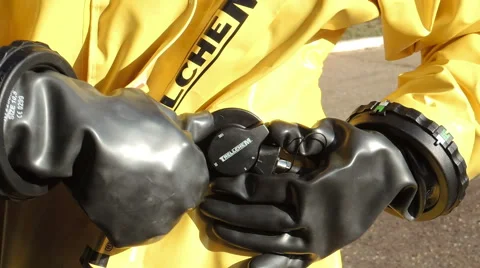Change the position of the blowing under the protective suit, chemical, biolo Video stock 49071942