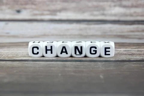 Change wording  or text on white dice with black wooden background.Copy spa.. Stock Photos