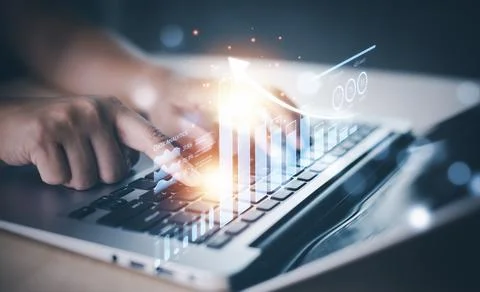 Changes in new planning, Hand using laptop with arrow business, start new yea Stock Photos