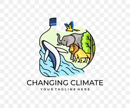 Changing climate, animals, plants, fish and birds, colored graphic design Stock Illustration