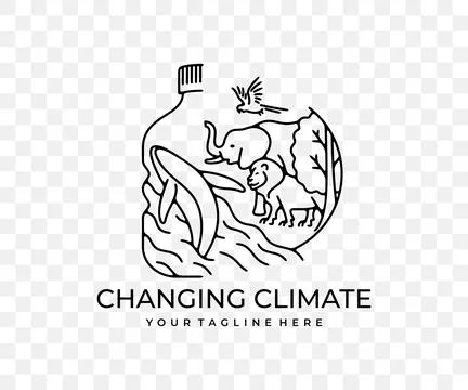 Changing climate, animals, plants, fish and birds, linear graphic design Stock Illustration