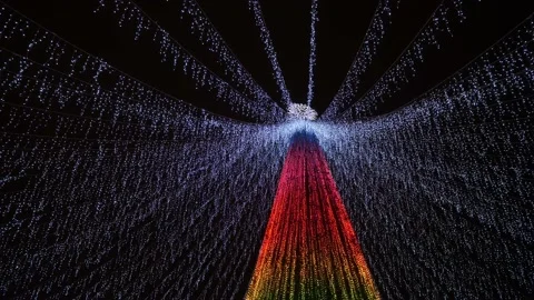 Changing color of Christmas tree lights to rainbow colors in night town square Stock Footage 165295860