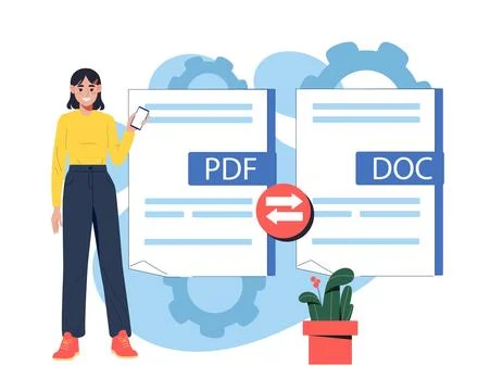Changing document format. Woman convert files from doc to pdf. Online converter Stock Illustration