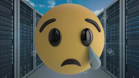 Changing face emojis over multiple computer servers against clouds in blue sky Stock Footage 328460145