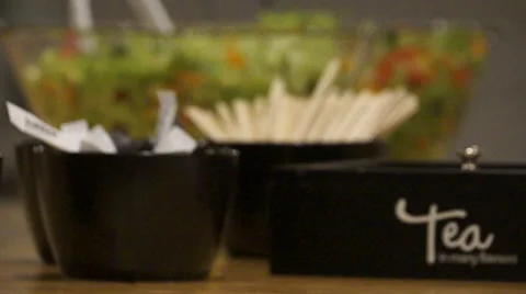 Changing focus from tea to salad Stock-Footage 44794624