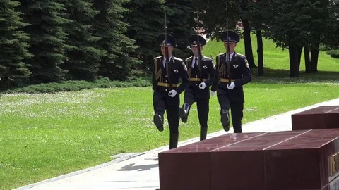 Changing guards in Alexander's Garden near eternal flame in Moscow, Russia Stock Footage 76877622