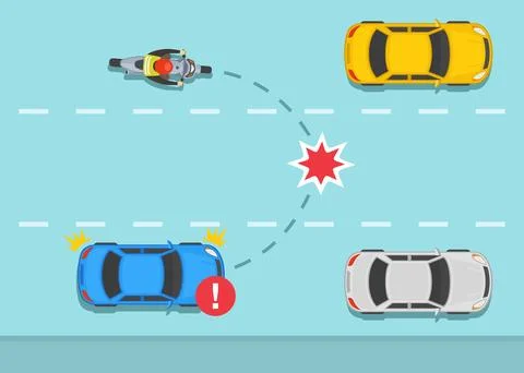 Changing lane accident. Same direction moving crash. Top view of a biker and car Stock Illustration