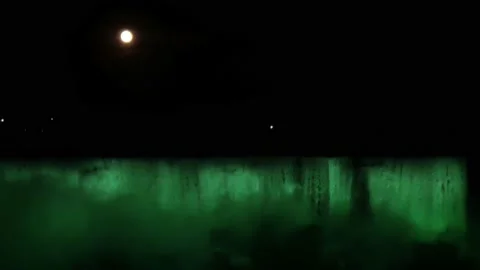 Changing light colours of niagara falls at night with moon and mist Stock Footage 143470905