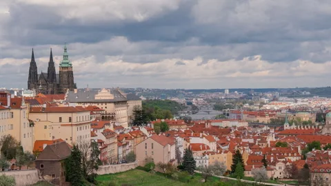 Changing Light Over Prague Cityscape Viewed From Strahov Monastery. Famous Europ Stock Footage 336277107