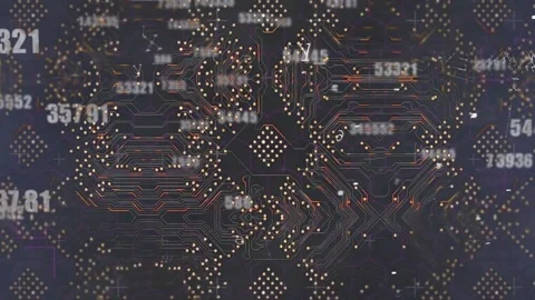 Changing numbers and security padlock icon against microprocessor connections on Vídeo Stock 196887223