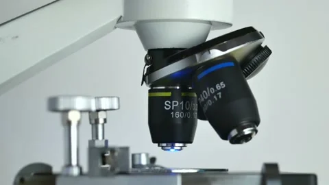 Changing objectives on a compound microscope with white background. Stock Footage 147350228