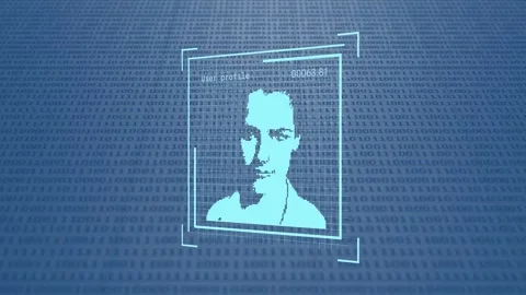 Changing profile icons over binary coding data processing against blue Stock Footage 329419641