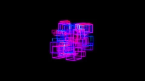 Changing set of neon cubical shapes rotating. Data blocks geometric animation Video stock 156600935