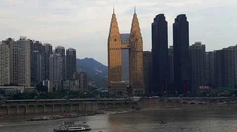 Changjiang river and shoreside skyscraper in Chongqing City of China Stock Footage 54751895