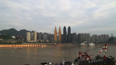 Changjiang river and shoreside skyscraper in Chongqing City of China Video stock 54754356
