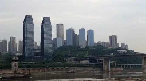 Changjiang river and shoreside skyscraper in Chongqing City of China Stock Footage 54756474