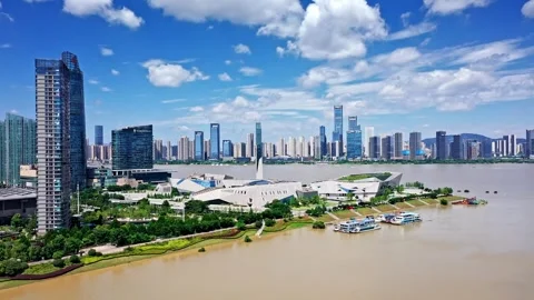 Changsha cityscape museum complex riverside bay park aerial panorama 4k china Stock Footage 325806927