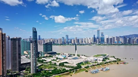 Changsha cityscape museum complex riverside bay park aerial panorama 4k china Stock Footage 325807037
