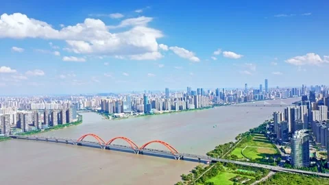 Changsha cityscape museum complex riverside bay park aerial panorama 4k china Stock Footage 325807345