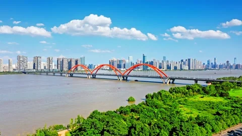 Changsha cityscape museum complex riverside bay park aerial panorama 4k china Stock Footage 325807416