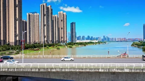 Changsha cityscape museum complex riverside bay park aerial panorama 4k china Stock Footage 325808125