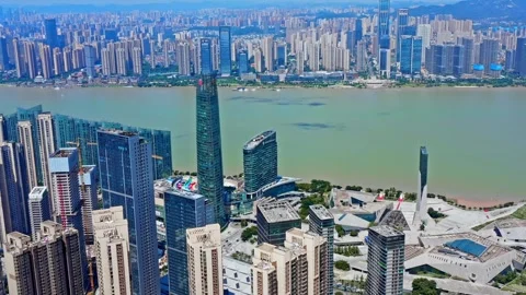 Changsha cityscape museum complex riverside bay park aerial panorama 4k china Stock Footage 325808269