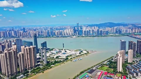 Changsha cityscape museum complex riverside bay park aerial panorama 4k china Stock Footage 325808339