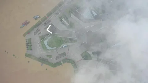 Changsha cityscape museum complex riverside bay park aerial panorama 4k china Stock Footage 325809023