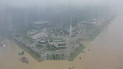 Changsha cityscape museum complex riverside bay park aerial panorama 4k china Stock Footage 325809146