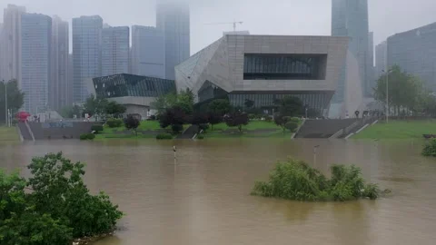 Changsha cityscape museum complex riverside bay park aerial panorama 4k china Stock Footage 325809193