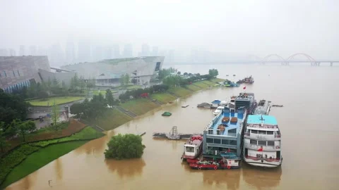 Changsha cityscape museum complex riverside bay park aerial panorama 4k china Stock Footage 325809648