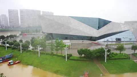 Changsha cityscape museum complex riverside bay park aerial panorama 4k china Stock Footage 325810137