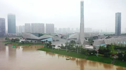 Changsha cityscape museum complex riverside bay park aerial panorama 4k china Stock Footage 325811075