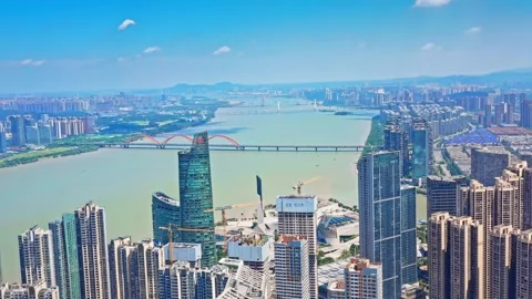 Changsha cityscape museum complex riverside bay park aerial panorama 4k china Stock Footage 325820961