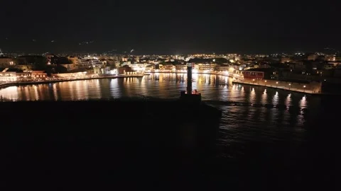 Chania town by night, Lighthouse, Drone shot, Crete, Greece, Aerial view of Chan Stock Footage 283016432