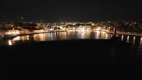 Chania town by night, Lighthouse, Drone shot, Crete, Greece, Aerial view of Chan Stock Footage 283681408