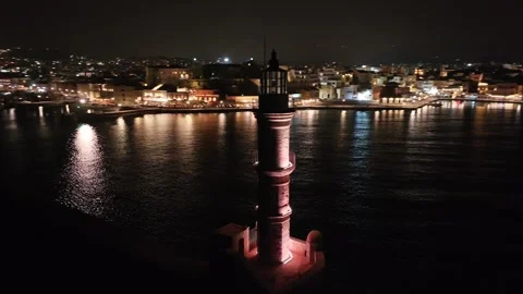 Chania town by night, Lighthouse, Drone shot, Crete, Greece, Aerial view of Chan Stock Footage 297297053