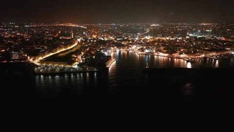 Chania town by night, Lighthouse, Drone shot, Crete, Greece, Aerial view of Chan Stock Footage 297297058