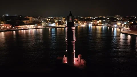 Chania town by night, Lighthouse, Drone shot, Crete, Greece, Aerial view of Chan Stock Footage 297997377