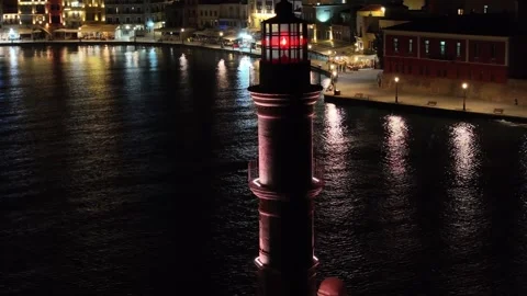 Chania town by night, Lighthouse, Drone shot, Crete, Greece, Aerial view of Chan Stock Footage 300450784