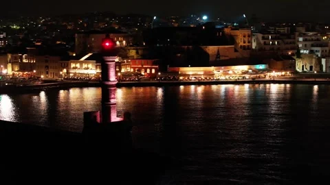 Chania town by night, Lighthouse, Drone shot, Crete, Greece, Aerial view of Chan Stock Footage 301553319